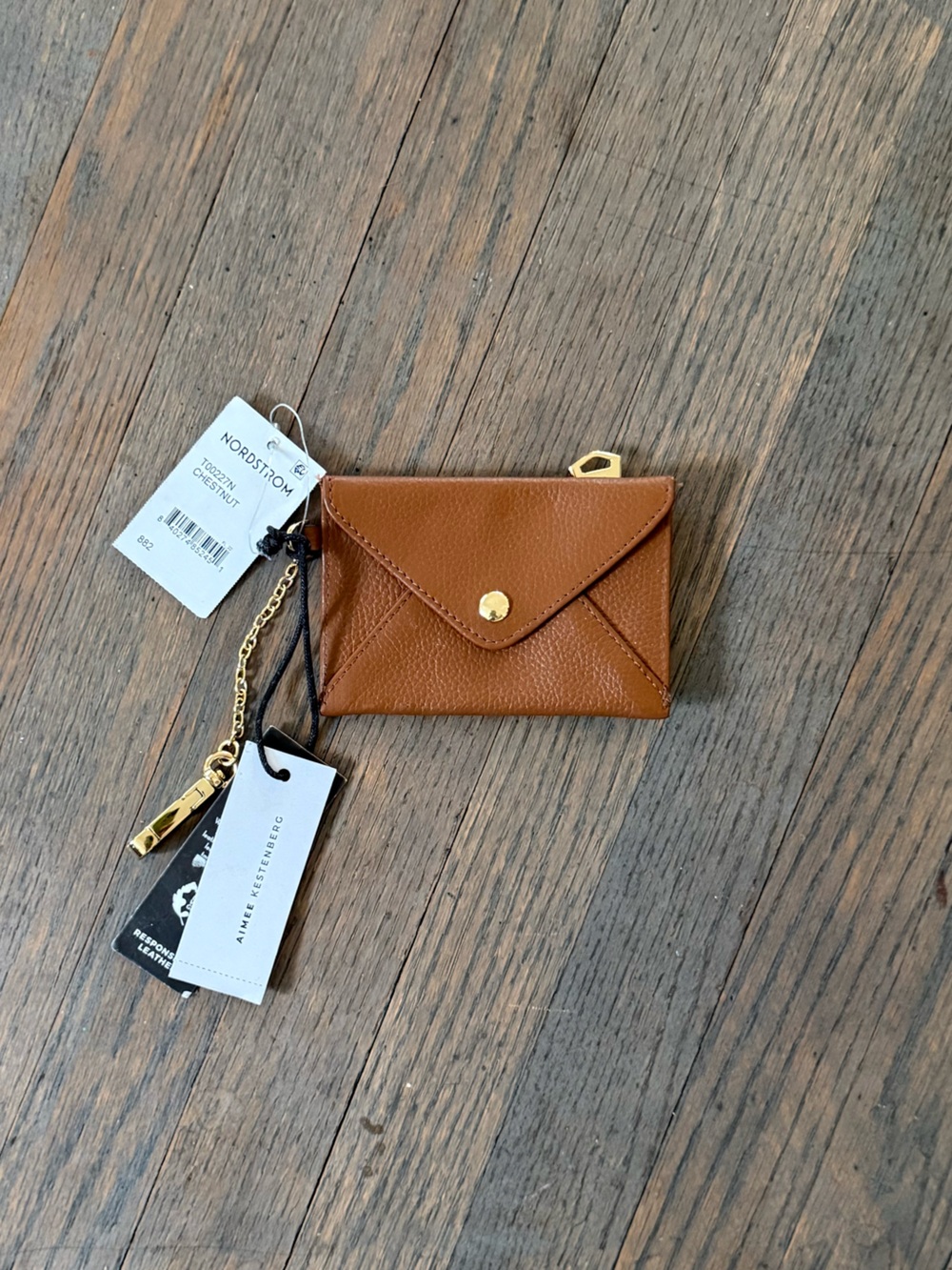 Aimee Kestenberg Chestnut Brown Leather Envelope Card Holder with Gold Chain